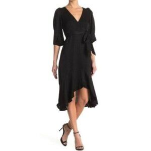 Good American Cheetah Print Wrap Midi Dress 2 6 Black 3/4 Puff Sleeve Ruffles